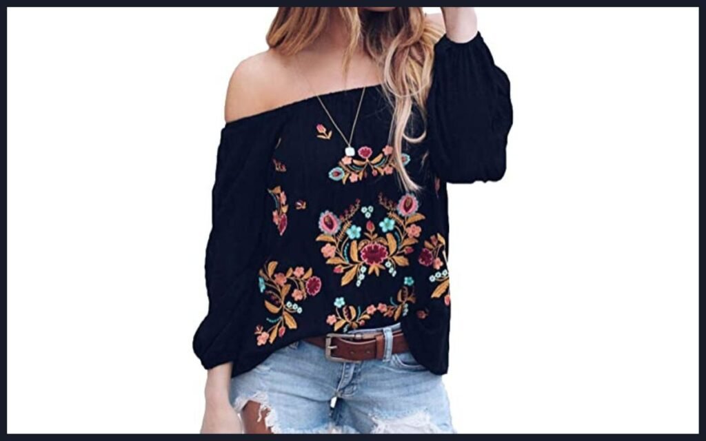 ZXZY Women Embroidered Off Shoulder Long Sleeve Bohemian Floral Blouse Top